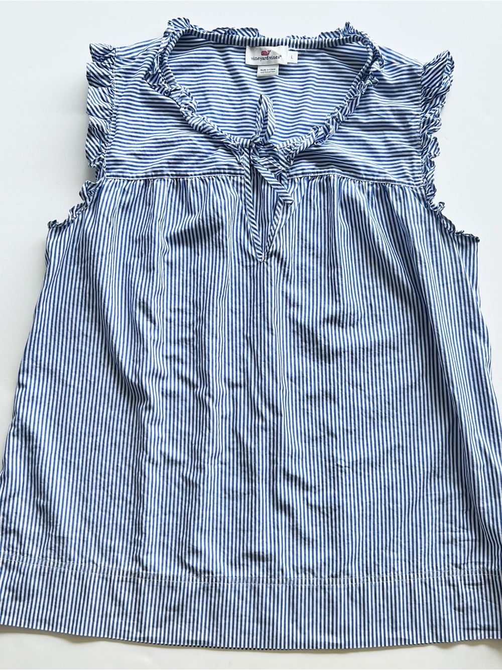 Vineyard Vines Blue and White Striped Ruffle Tie Neck Sleeveless Top